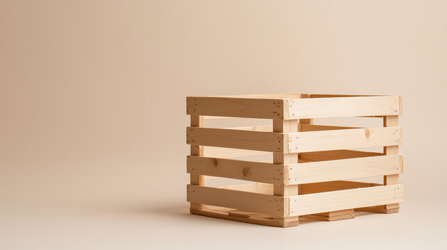 A blank wooden crate set against a neutral background, emphasizing its readiness for storage or transport with ample room for further design elements or information. photo