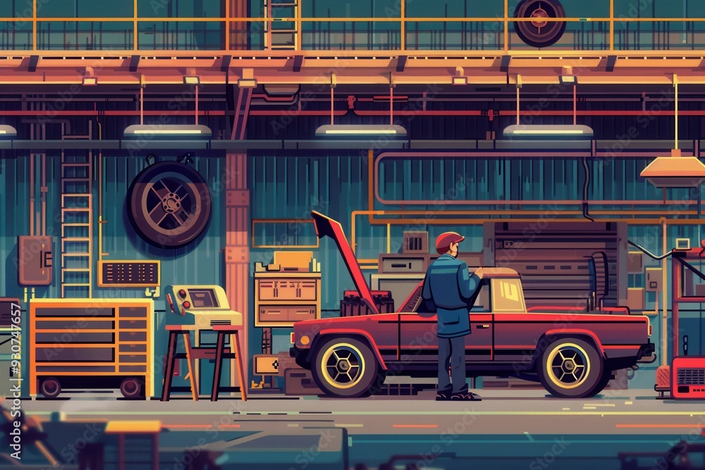 Poster A mechanic is diagnosing a car's engine issues while working diligently in a well-equipped auto repair shop. Generative AI