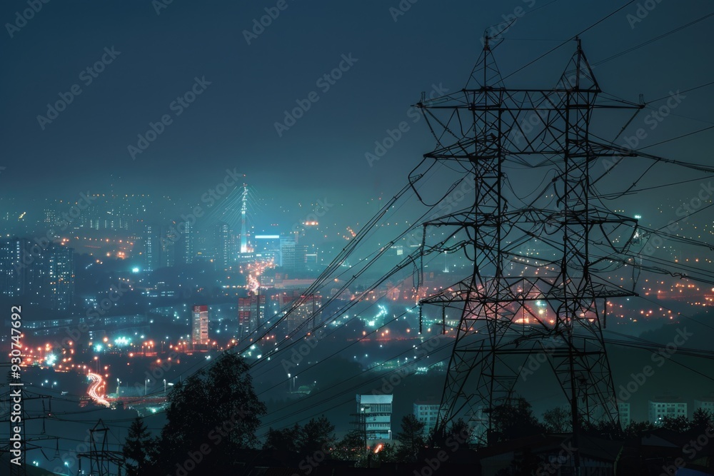 Poster a nighttime view of a city from a hill, great for use in urban themed projects or as a backdrop