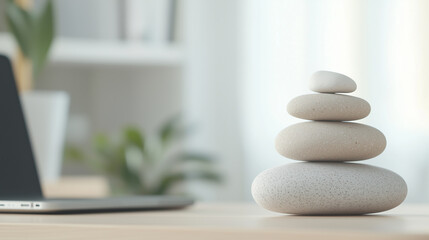 A calm office scene featuring Zen stones on a desk with a laptop in the background, highlighting a peaceful work environment and providing clean space for additional content. photo