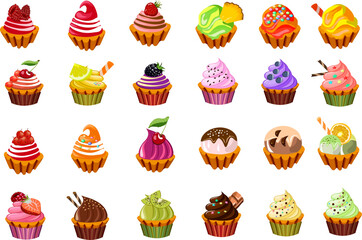 Set of sweet desserts for the holidays.Delicious sweet cupcakes with sprinkles, icing and berries. Vector food set.