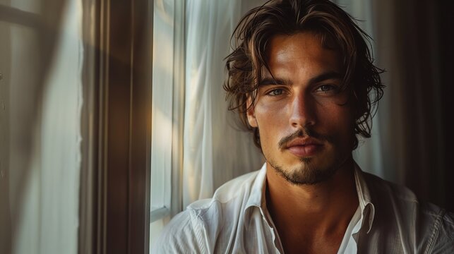 Luxury handsome white man model portrait natural background minimalistic, light come frow window 