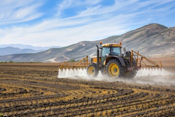 Fototapeta premium Agricultural equipment spraying water on a farm or agricultural land, possibly for irrigation purposes