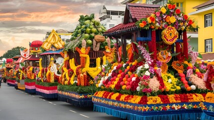 Rows of floats decorated with flowers and fruits during the Kadayawan Festival with the colorful buildings of Davao City in the background. Image by Ai