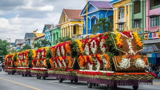 Rows of floats decorated with flowers and fruits during the Kadayawan Festival with the colorful buildings of Davao City in the background. Image by Ai