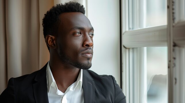 Luxury handsome black man model portrait natural background minimalistic, light come frow window