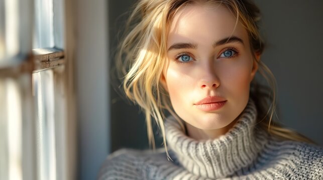 Luxury beautiful blonde woman model portrait natural background minimalistic, light come frow window