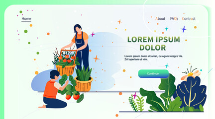 Gardening healthy lifestyle vegetables harvest people farming. Two individuals gather fresh vegetables in baskets surrounded by plants colorful background. Website design template