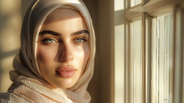 Luxury beautiful hijab woman model portrait natural background minimalistic, light come frow window