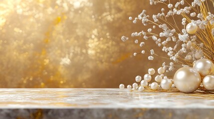 A bunch of white pearls and flowers on a table