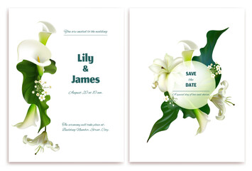 Flowers. Wedding invitation. Wreath of tropical flowers. Calla. White lilies. Green leaves. Floral background. Postcard.