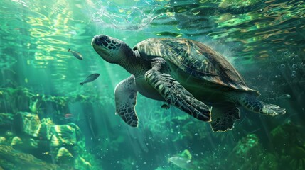 Fototapeta premium Sea Turtle Swimming Underwater