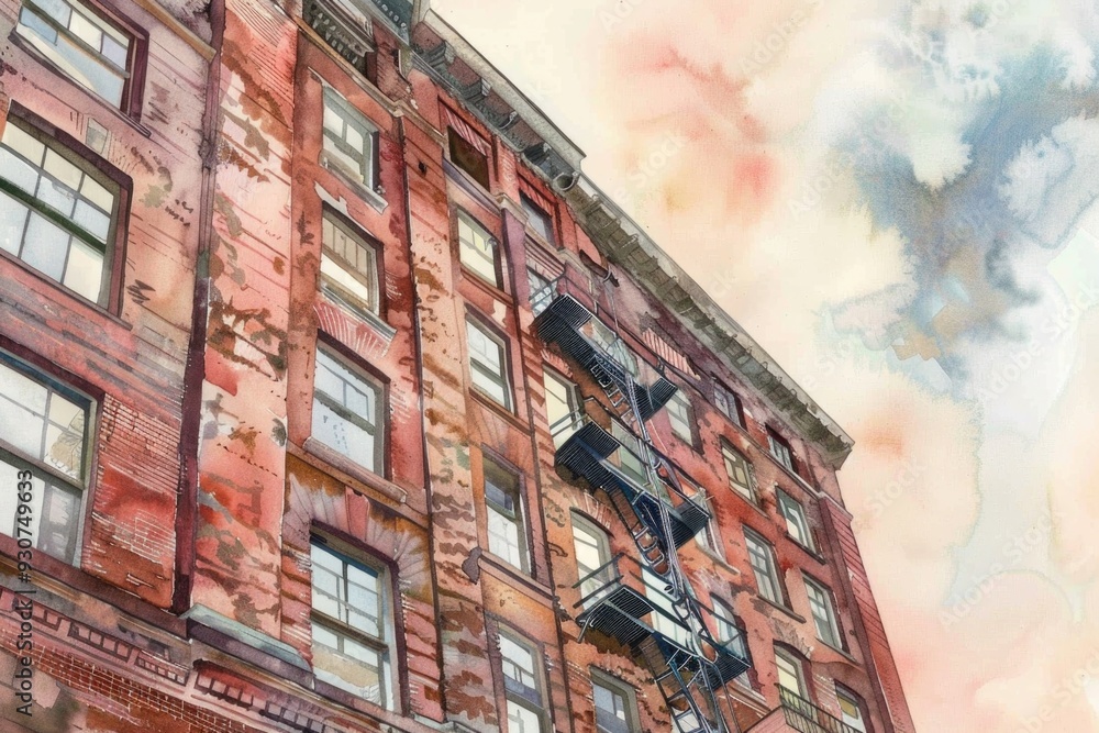 Poster a watercolor illustration of a building with a clock tower, suitable for use in designs related to t