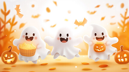 Three cheerful ghosts are enjoying Halloween, carrying treats and surrounded by pumpkins and autumn leaves in a colorful, festive setting