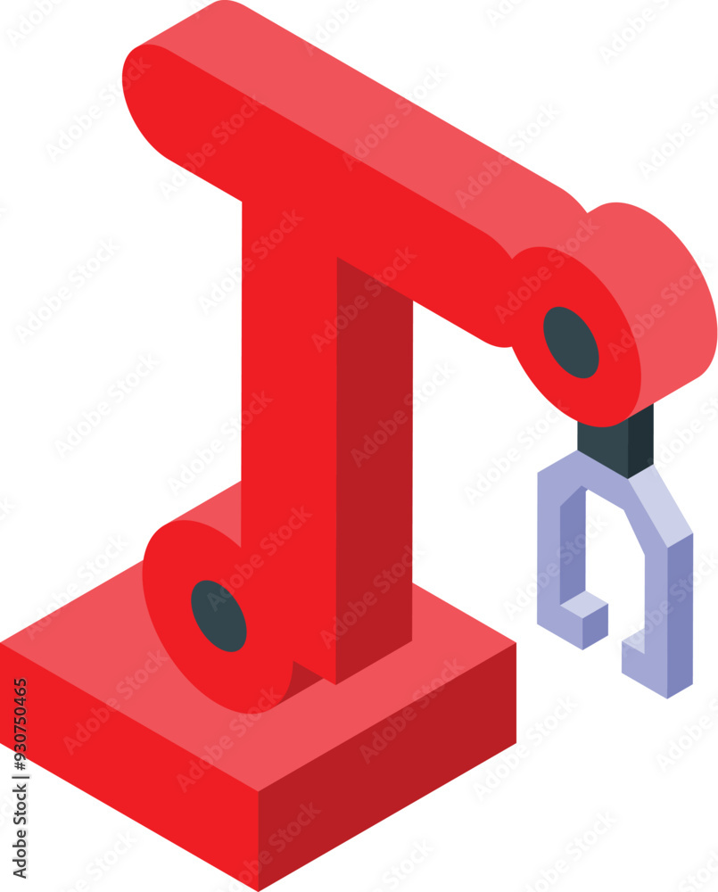 Poster red robotic arm holding something with metallic gripper in isometric view