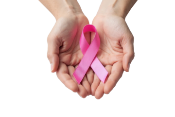 Two hands carefully holding a pink ribbon, symbolizing breast cancer awareness, against a transparent background