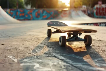 Gordijnen A skateboard lying on the ground in a skate park setting, ready for use © Fotograf