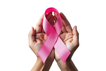 Two hands carefully holding a pink ribbon, symbolizing breast cancer awareness, against a transparent background