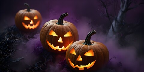 Halloween background with jack-o-lanterns and purple fog, pumpkins and jack o'lantern fog