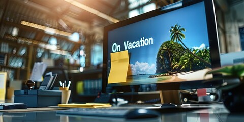 office with fluorescent sticky note, text "On Vacation" on computer monitor, beach scene on monitor