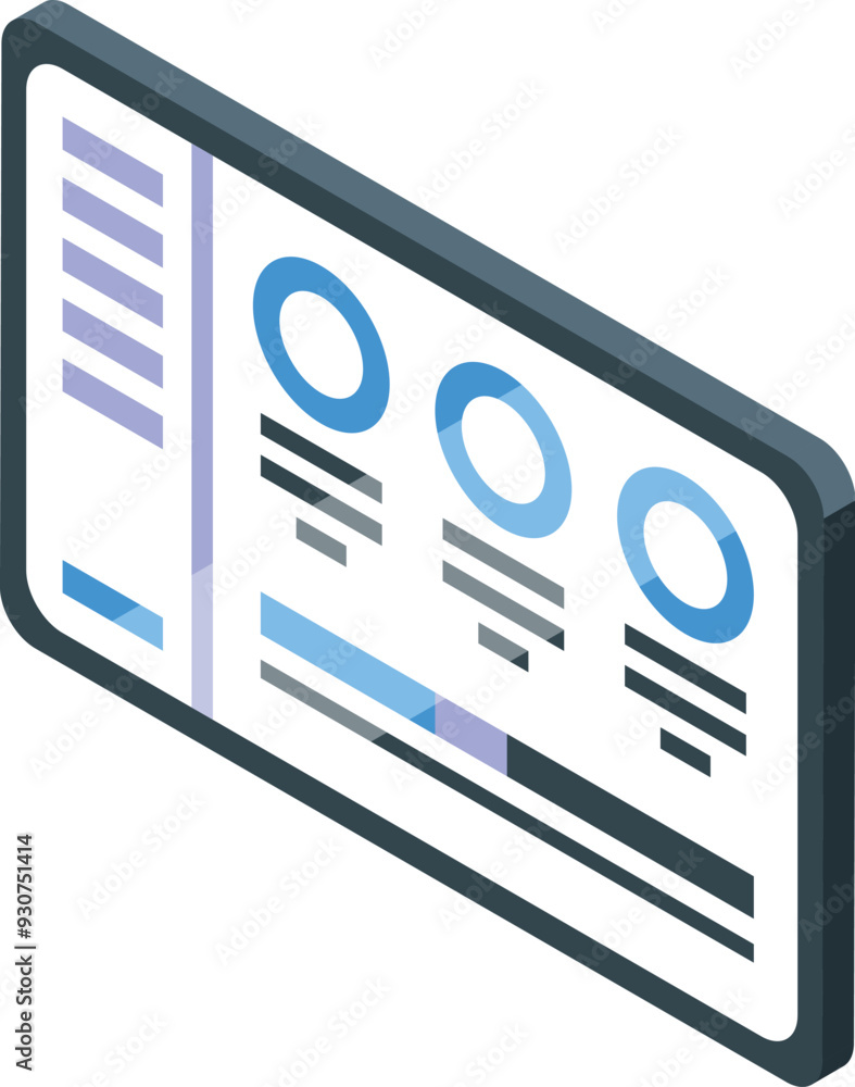 Poster tablet is displaying an infographic with charts and statistics, representing data analysis and busin