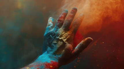 A person's hand at the Holi festival in India in bright colors and in a cloud of bright colors.