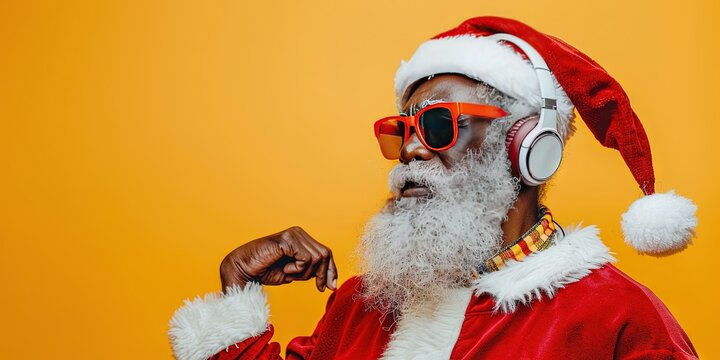 african americaan Santa wearing sunglasses, headphones, hat, - Powered by Adobe