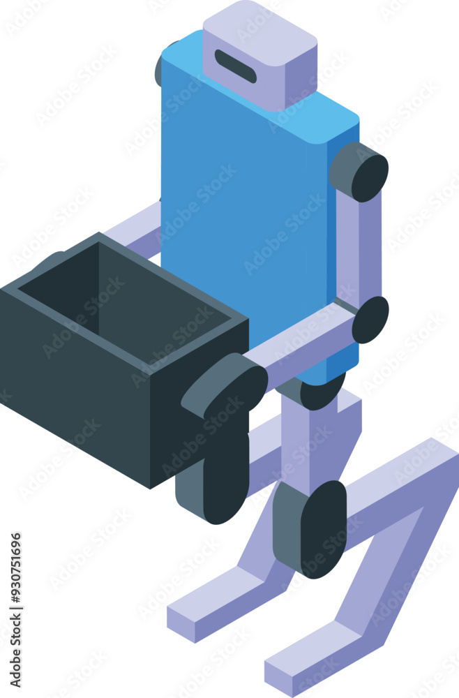 Poster 3d isometric delivery robot holding an open box