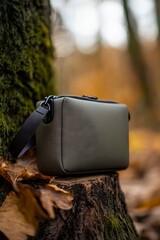 A gray camera case sitting on top of a tree stump