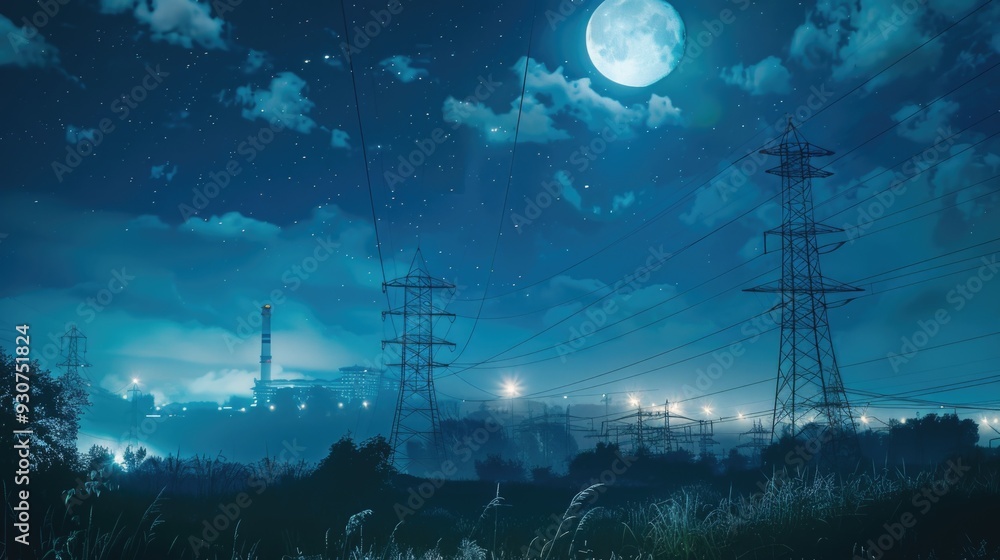 Poster a nighttime scene featuring power lines and a full moon in the sky