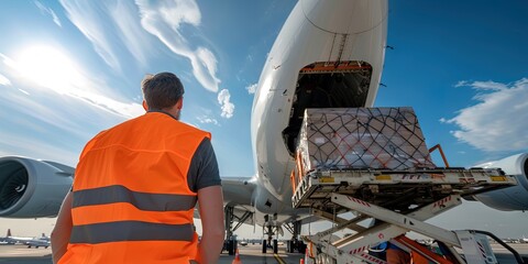 airport worker in orange vest loading cargo into cargo plane, 