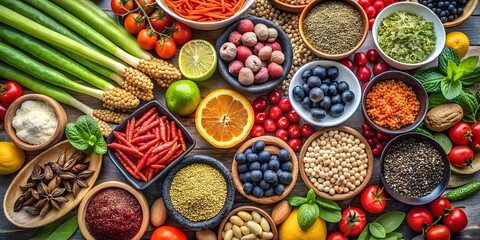 Food Background with Assortment of Healthy food clean eating selection: Fruit, superfood, cereal, vegetable, seeds, leaf vegetable and others