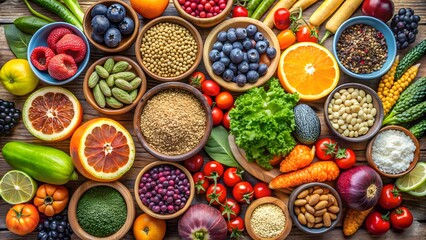 Food Background with Assortment of Healthy food clean eating selection: Fruit, superfood, cereal, vegetable, seeds, leaf vegetable and others