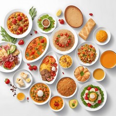 Food day decoration of meal, vegetables and fruits. Creative concept for healthy foods, fresh vegetables, fruit, with plate, food day celebration with attractive healthy food in white background