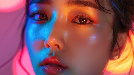 High fashion model korean woman in colorful bright lights posing in studio, Portrait of beautiful sexy girl with trendy make-up on colorful background