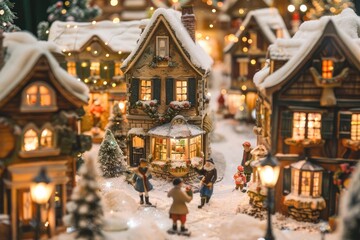 Fototapeta premium A picturesque view of a Christmas village with quaint shops and houses, snow - covered rooftops, and people walking with gifts
