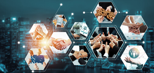 Teamwork and human resources HR management technology concept in corporate business with people...
