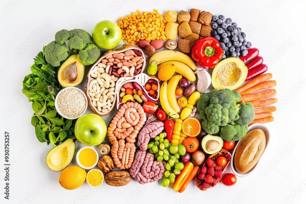Aufkleber a colorful arrangement of various fruits and vegetables in a circular pattern, suitable for use as a