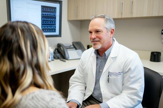 Male doctor discussing medical results with female patient in office, with heart monitor display in background