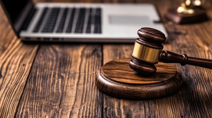 Virtual Auction. Online Judgment with Judge Gavel and Laptop on Wooden Background