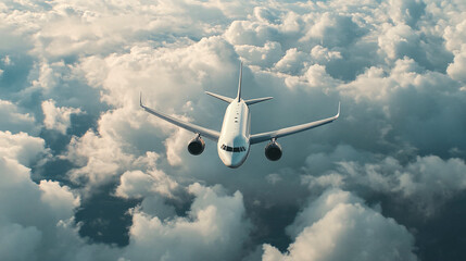 Fototapeta premium Commercial airplane jetliner flying above dramatic clouds in beautiful sunset light. Travel concept.