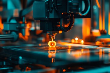 Fototapeta premium Close-up of 3D printer nozzle producing a glowing hexagonal object, with teal and orange color contrast