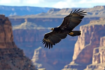 Fototapeta premium Majestic bald eagle in flight over the rugged landscape of the Grand Canyon, showcasing its impressive wingspan