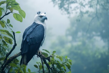 A close-up of a regal harpy eagle perched among green leaves in a misty rainforest setting