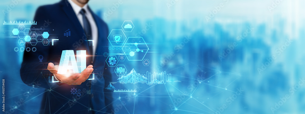Poster ai: businessman holding ai icon. digital technology era of the future. applications technology of de