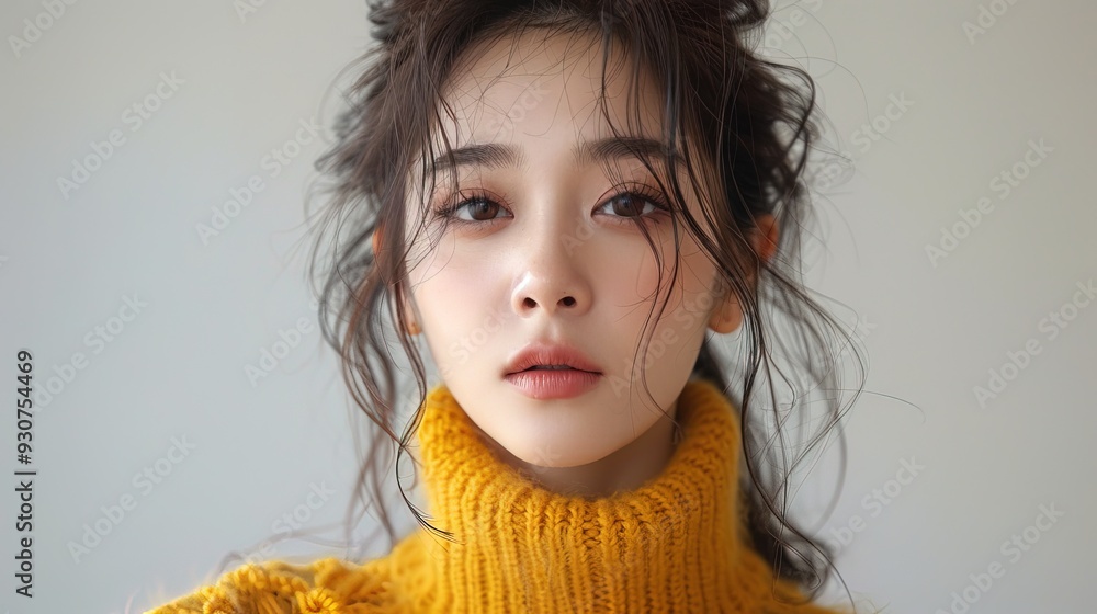 Wall mural fashion portrait of beautiful korean model woman wearing yellow sweater, studio shot