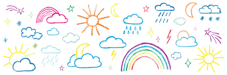 Chalk kid cloud weather symbols set. Vector stock illustration isolated on white background for design template travel blog, meteorology forecast. Kit textural crayon hand drawing symbols.
