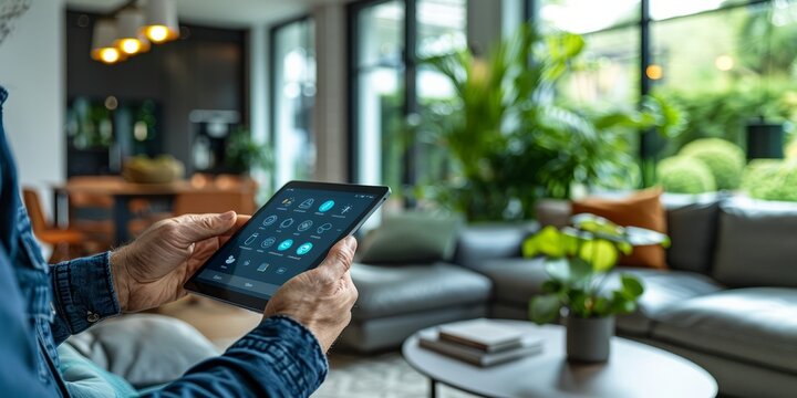 Person using a tablet to control smart home functions in a modern living room filled with greenery and natural light
