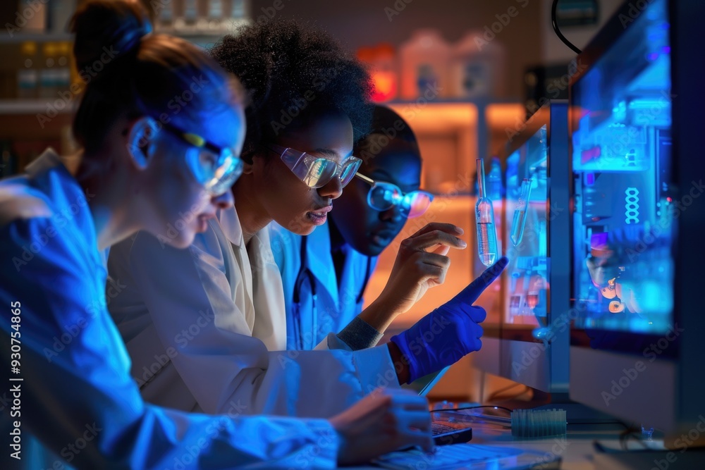 Poster Group of scientists studying data on computer screens, possible for research or analysis