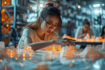 Young female architect working on a glowing futuristic city model in a design studio
